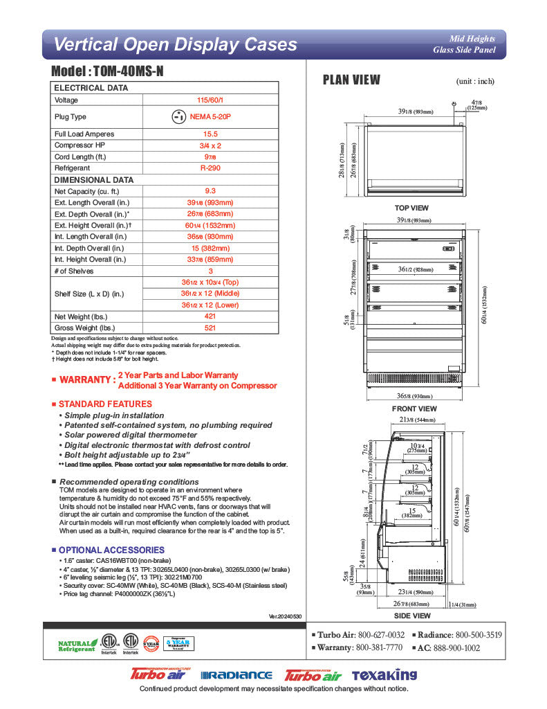 Turbo Air TOM-40MS-N 39 1/8" Stainless Steel Vertical Open Air Cooler – 4 Levels, 115v - Donut-Equipment.com