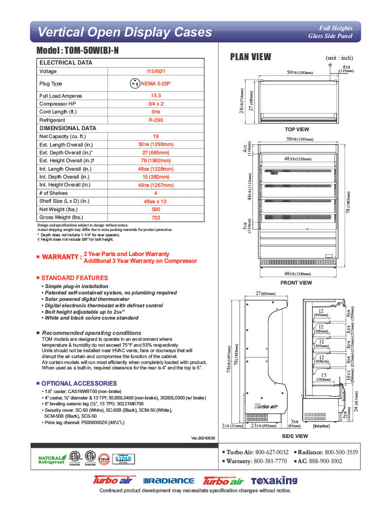 Turbo Air TOM-50W-N 51" Vertical Open Air Cooler w/ (5) Levels – White Exterior, 115v - Donut-Equipment.com