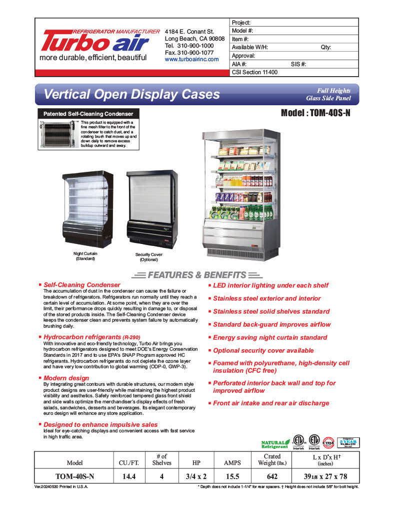 Turbo Air TOM-40S-N 39" Vertical Open Air Cooler w/ (5) Levels – Stainless Steel Exterior, 115v/1ph - Donut-Equipment.com