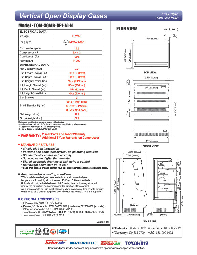 Turbo Air TOM-40MB-SP-N 39 1/8" Vertical Open Air Cooler w/ (4) Levels – Black Exterior, 115v - Donut-Equipment.com