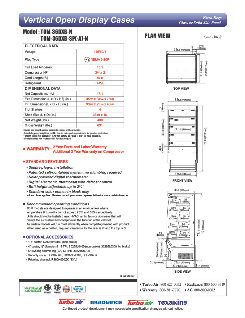 Turbo Air TOM-36DXB-N 36" Vertical Open Air Cooler w/ (5) Levels – Black Exterior, 115v - Donut-Equipment.com