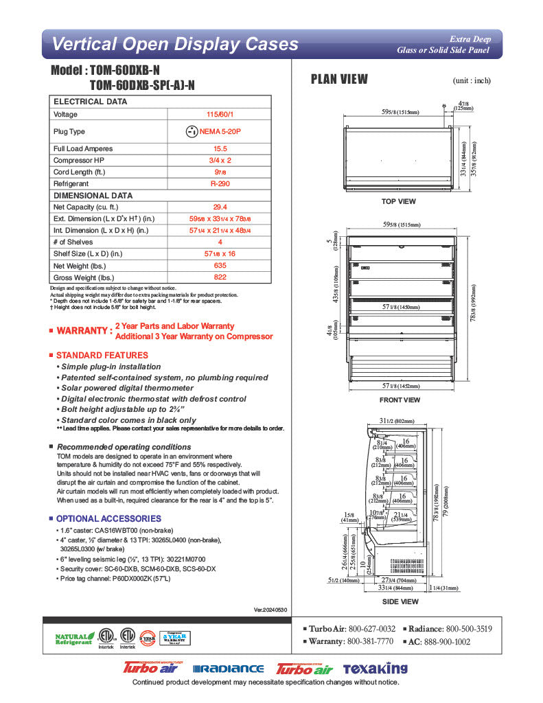 Turbo Air TOM-60DXB-N 60" Vertical Open Air Cooler w/ (5) Levels – Extra Deep, Black Exterior, 115v - Donut-Equipment.com