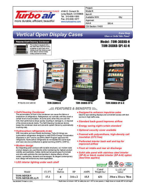 Turbo Air TOM-36DXB-SP-N 36" Black Extra Deep Vertical Open Air Cooler w/ Solid Side Panels, (5) Levels, 115v - Donut-Supplies.Com