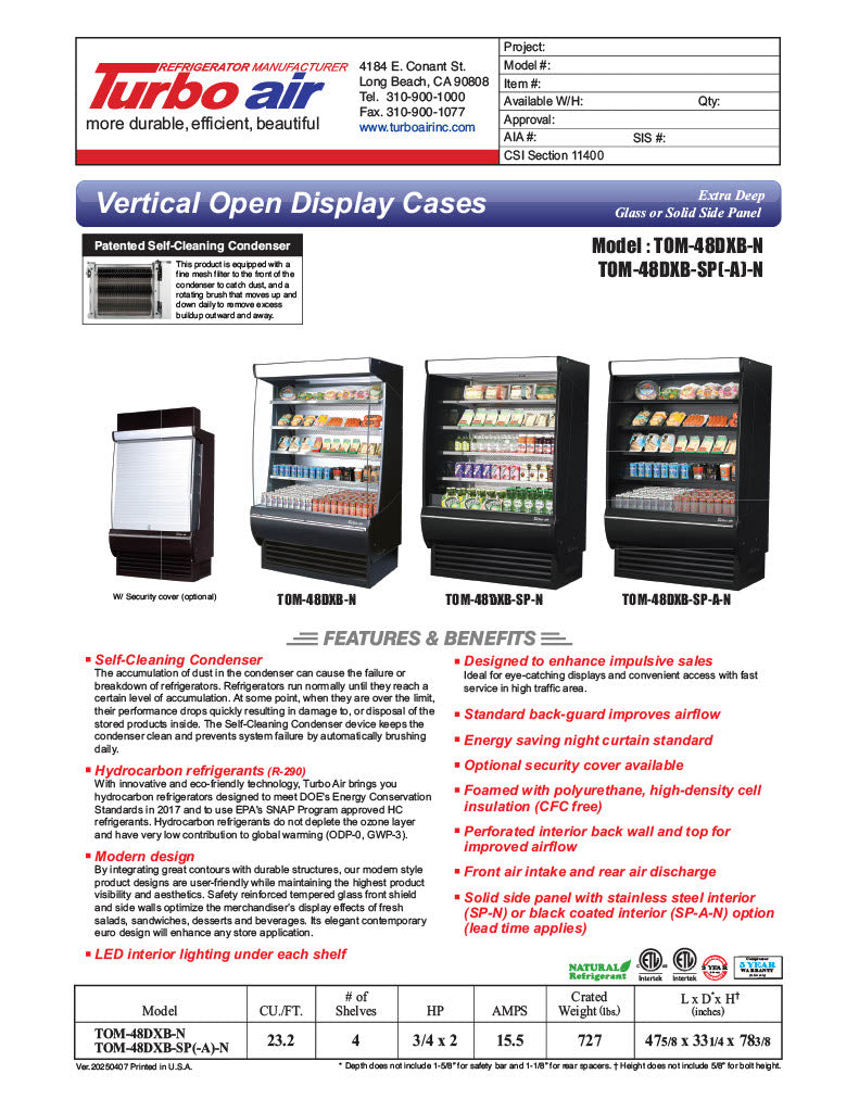 Turbo Air TOM-48DXB-SP-N 48" Black Extra Deep Vertical Open Air Cooler w/ Solid Side Panels, (5) Levels, 115v - Donut-Equipment.com