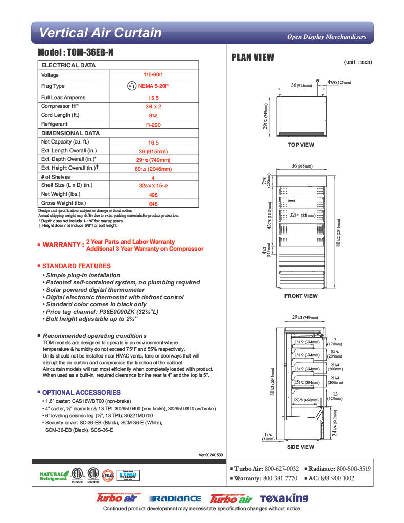 Turbo Air TOM-36EB-N 36" Black Vertical Open Air Cooler w/ (5) Levels, 115v - Donut-Equipment.com