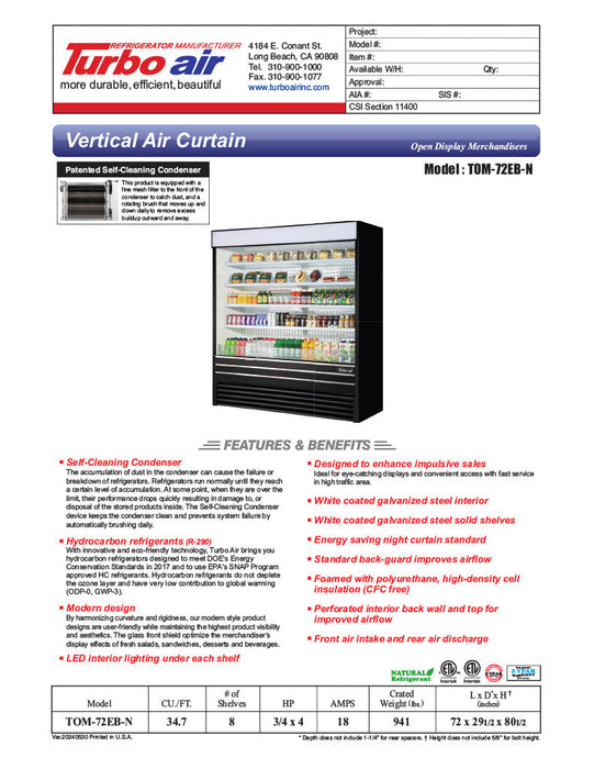 Turbo Air TOM-72EB-N 72" Black Vertical Open Air Cooler w/ (5) Levels, 220v/1ph - Donut-Supplies.Com