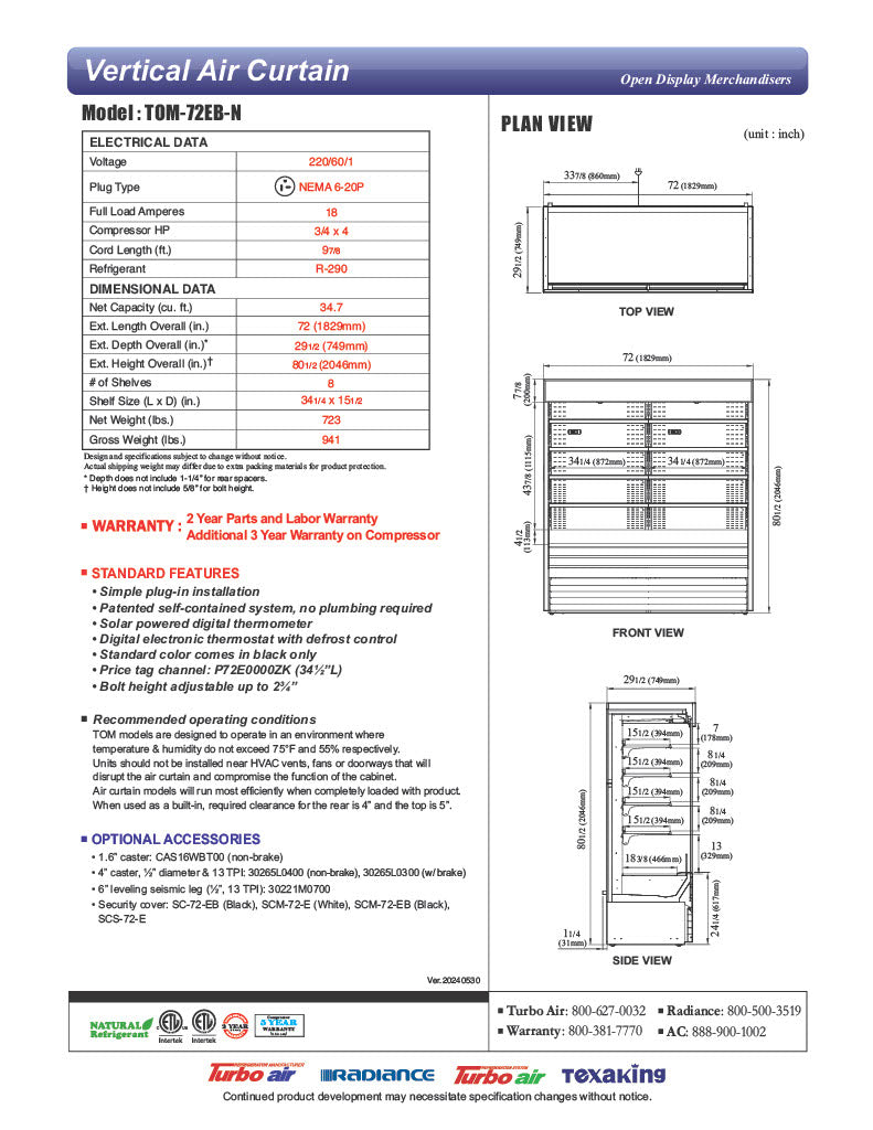 Turbo Air TOM-72EB-N 72" Black Vertical Open Air Cooler w/ (5) Levels, 220v/1ph - Donut-Equipment.com