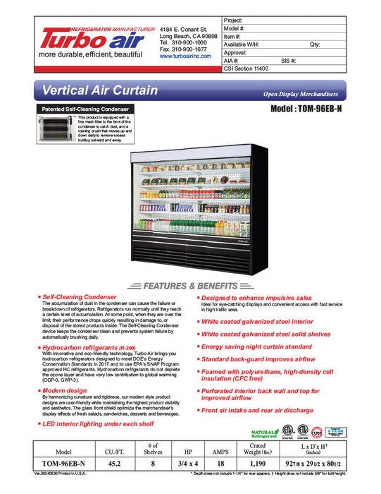 Turbo Air TOM-96EB-N 93" Black Vertical Open Air Cooler w/ (5) Levels, 220v/1ph - Donut-Supplies.Com