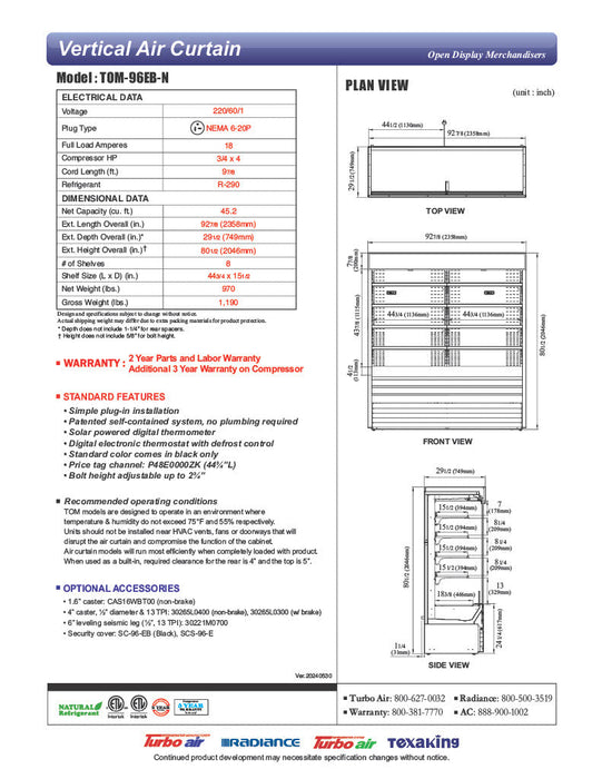 Turbo Air TOM-96EB-N 93" Black Vertical Open Air Cooler w/ (5) Levels, 220v/1ph - Donut-Supplies.Com