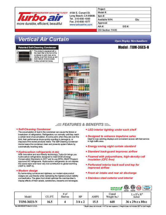 Turbo Air TOM-36ES-N 36" Stainless Steel Vertical Air Curtain Display Case w/ (5) Levels, 115v - Donut-Supplies.Com