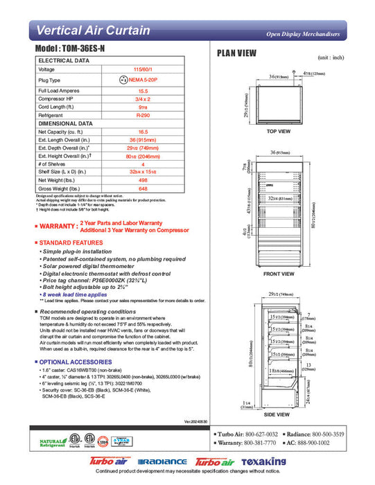 Turbo Air TOM-36ES-N 36" Stainless Steel Vertical Air Curtain Display Case w/ (5) Levels, 115v - Donut-Supplies.Com