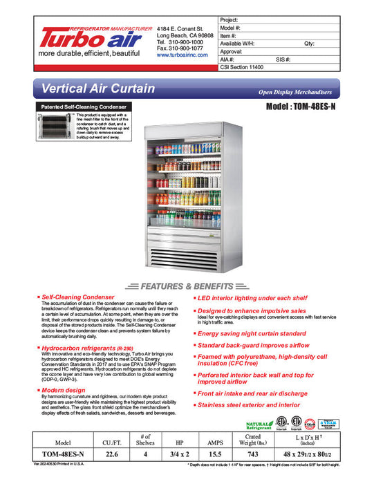 Turbo Air TOM-48ES-N 48" Stainless Steel Vertical Open Air Cooler w/ (5) Levels, 115v - Donut-Supplies.Com