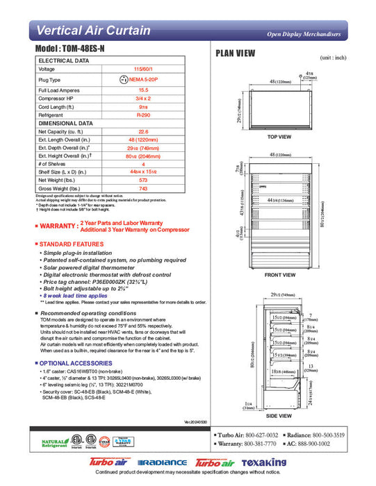 Turbo Air TOM-48ES-N 48" Stainless Steel Vertical Open Air Cooler w/ (5) Levels, 115v - Donut-Supplies.Com