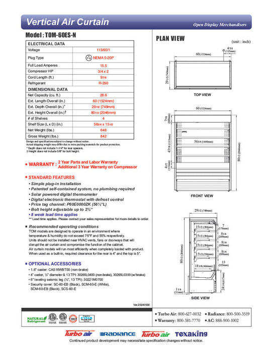 Turbo Air TOM-60ES-N 60" Stainless Steel Vertical Open Air Cooler w/ (5) Levels, 115v/1ph - Donut-Supplies.Com