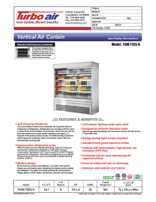Turbo Air TOM-72ES-N 72" Stainless Steel Vertical Open Air Cooler w/ (5) Levels, 220v/1ph - Donut-Supplies.Com