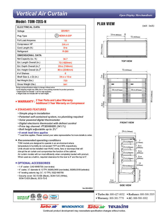 Turbo Air TOM-72ES-N 72" Stainless Steel Vertical Open Air Cooler w/ (5) Levels, 220v/1ph - Donut-Supplies.Com