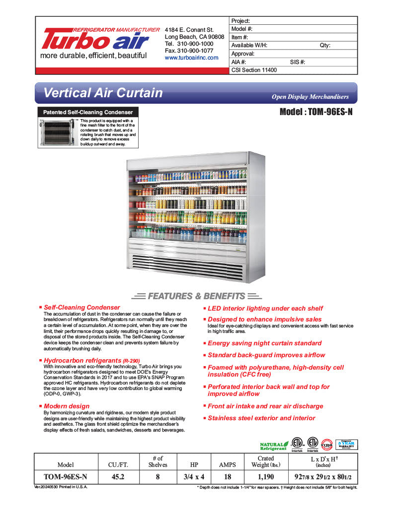 Turbo Air TOM-96ES-N 92 7/8" Stainless Steel Vertical Open Air Cooler with (5) Levels, 220v/1ph - Donut-Equipment.com