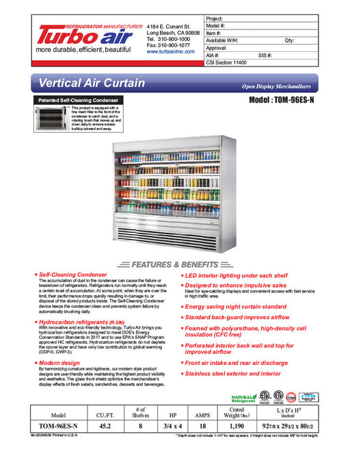Turbo Air TOM-96ES-N 92 7/8" Stainless Steel Vertical Open Air Cooler with (5) Levels, 220v/1ph - Donut-Supplies.Com