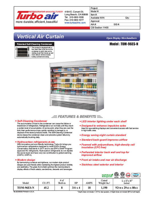 Turbo Air TOM-96ES-N 92 7/8" Stainless Steel Vertical Open Air Cooler with (5) Levels, 220v/1ph - Donut-Supplies.Com