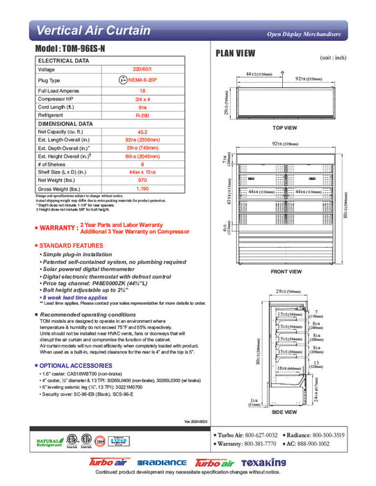 Turbo Air TOM-96ES-N 92 7/8" Stainless Steel Vertical Open Air Cooler with (5) Levels, 220v/1ph - Donut-Supplies.Com