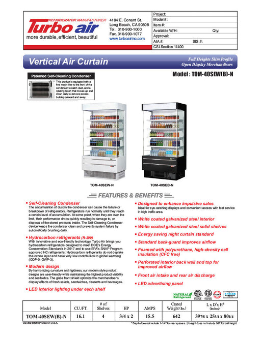Turbo Air TOM-40SEB-N 39 7/8" Black Narrow Depth Vertical Open Air Cooler / Air Curtain Display Case with (5) Levels, 115v - Donut-Supplies.Com