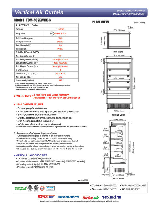 Turbo Air TOM-40SEW-N 39 7/8" White Narrow Depth Vertical Open Air Cooler / Air Curtain Display Case with (5) Levels, 115v - Donut-Supplies.Com