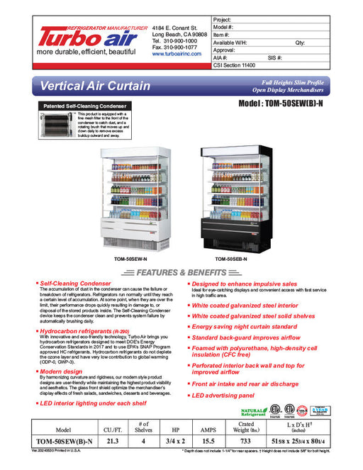 Turbo Air TOM-50SEW-N 51 5/8" White Narrow Depth Vertical Open Air Cooler / Air Curtain Display Case with (5) Levels, 115v - Donut-Supplies.Com