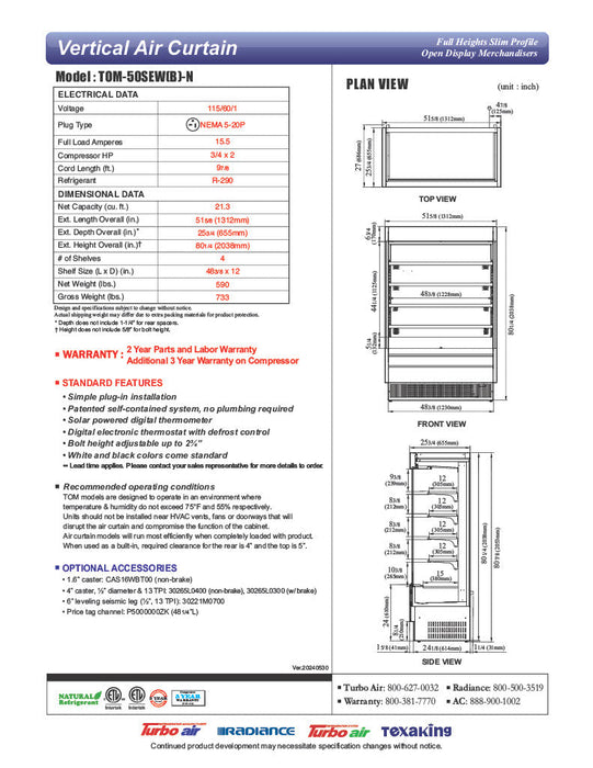 Turbo Air TOM-50SEB-N 51 5/8" Black Narrow Depth Vertical Open Air Cooler / Air Curtain Display Case with (5) Levels, 115v - Donut-Supplies.Com