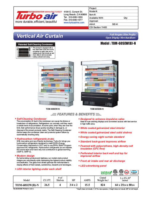 Turbo Air TOM-60SEW-N 64" White Narrow Depth Vertical Open Air Cooler / Air Curtain Display Case with (5) Levels, 115v - Donut-Supplies.Com