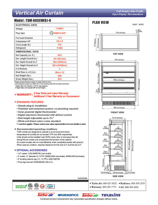 Turbo Air TOM-60SEW-N 64" White Narrow Depth Vertical Open Air Cooler / Air Curtain Display Case with (5) Levels, 115v - Donut-Supplies.Com