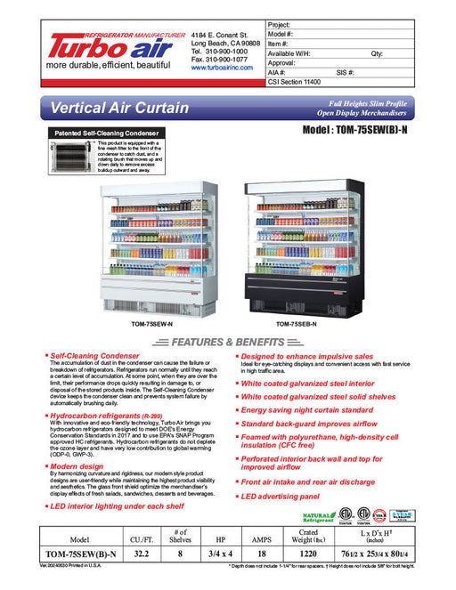 Turbo Air TOM-75SEB-N 76 1/2" Black Narrow Depth Vertical Open Air Cooler / Air Curtain Display Case with (5) Levels, 220v/1ph - Donut-Supplies.Com