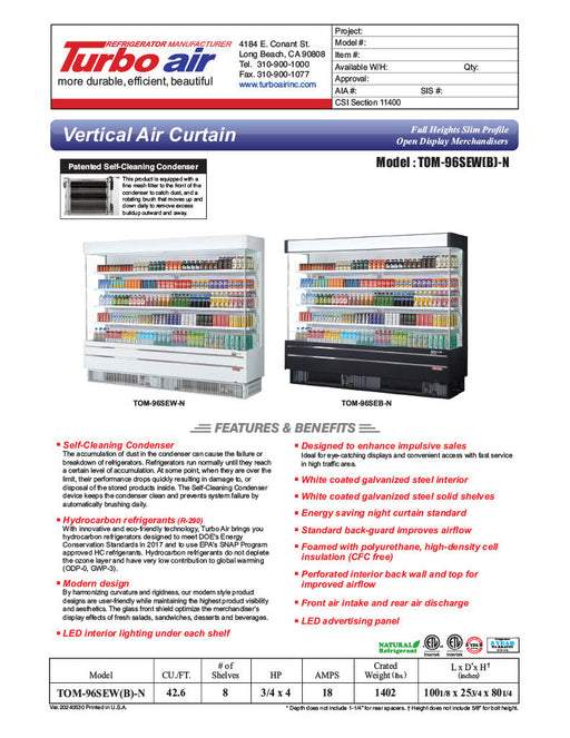 Turbo Air TOM-96SEB-N 100 1/8" Black Narrow Depth Vertical Open Air Cooler / Air Curtain Display Case with (5) Levels, 220v/1ph - Donut-Supplies.Com
