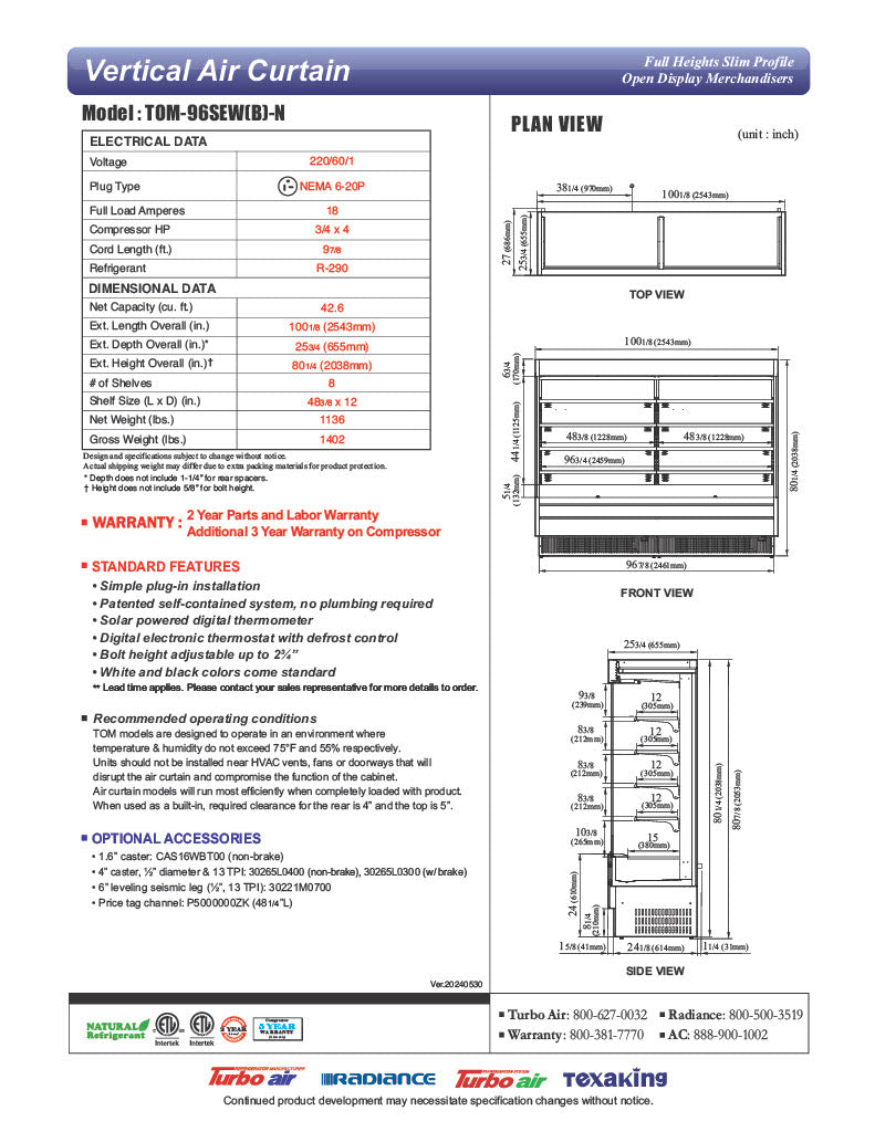 Turbo Air TOM-96SEW-N 100 1/8" White Narrow Depth Vertical Open Air Cooler / Air Curtain Display Case with (5) Levels, 220v/1ph - Donut-Equipment.com