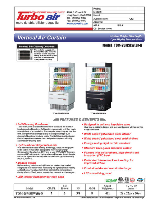 Turbo Air TOM-25MSEW-N 28" White Narrow Depth Vertical Open Air Cooler / Air Curtain Display Case with (4) Levels, 115v - Donut-Supplies.Com