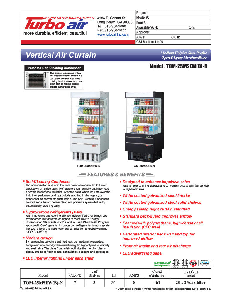Turbo Air TOM-25MSEW-N 28" White Narrow Depth Vertical Open Air Cooler / Air Curtain Display Case with (4) Levels, 115v - Donut-Equipment.com
