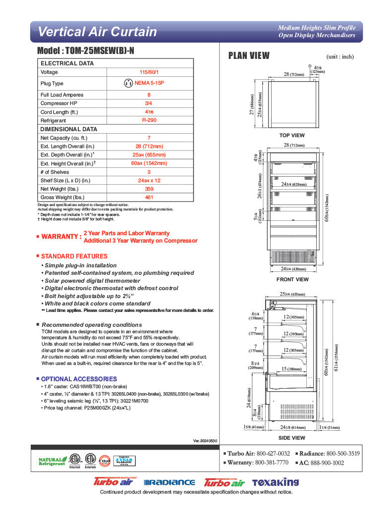 Turbo Air TOM-25MSEW-N 28" White Narrow Depth Vertical Open Air Cooler / Air Curtain Display Case with (4) Levels, 115v - Donut-Equipment.com