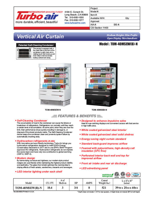 Turbo Air TOM-40MSEW-N 39 3/8" White Narrow Depth Vertical Open Air Cooler / Air Curtain Display Case with (4) Levels, 115v - Donut-Supplies.Com