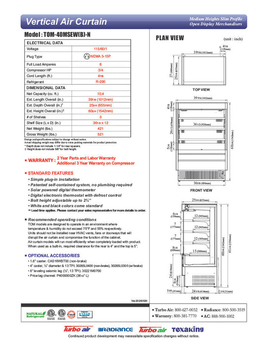 Turbo Air TOM-40MSEW-N 39 3/8" White Narrow Depth Vertical Open Air Cooler / Air Curtain Display Case with (4) Levels, 115v - Donut-Supplies.Com