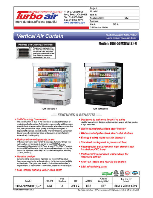 Turbo Air TOM-50MSEW-N 51 1/8" White Narrow Depth Vertical Open Air Cooler / Air Curtain Display Case with (4) Levels, 115v - Donut-Supplies.Com