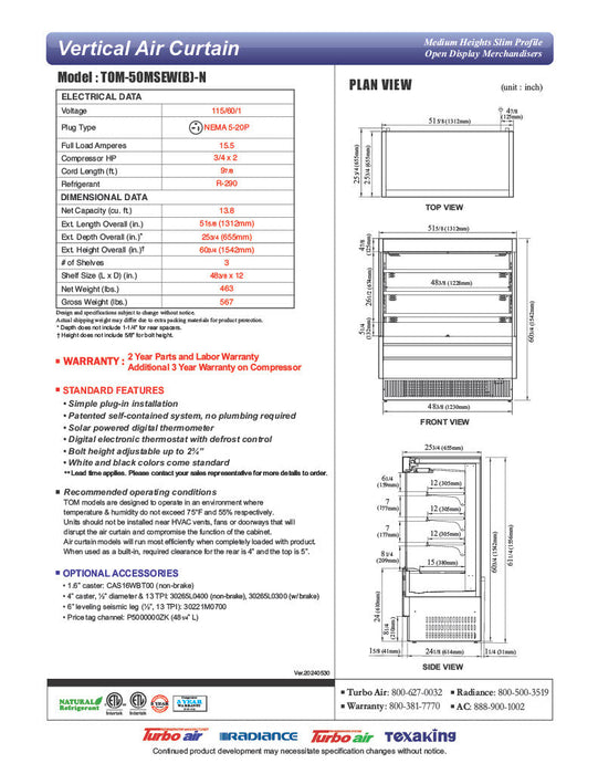 Turbo Air TOM-50MSEW-N 51 1/8" White Narrow Depth Vertical Open Air Cooler / Air Curtain Display Case with (4) Levels, 115v - Donut-Supplies.Com