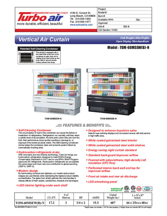 Turbo Air TOM-60MSEW-N 63 1/4" White Narrow Depth Vertical Open Air Cooler / Air Curtain Display Case with (4) Levels, 115v - Donut-Supplies.Com