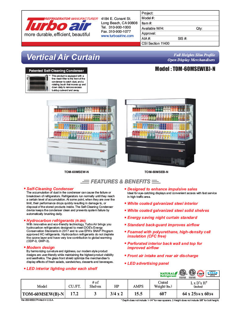 Turbo Air TOM-60MSEW-N 63 1/4" White Narrow Depth Vertical Open Air Cooler / Air Curtain Display Case with (4) Levels, 115v - Donut-Equipment.com