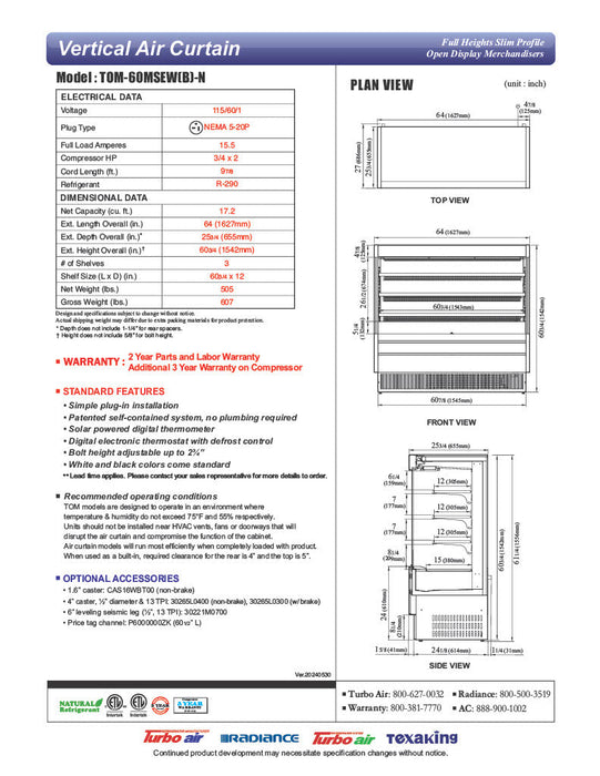 Turbo Air TOM-60MSEW-N 63 1/4" White Narrow Depth Vertical Open Air Cooler / Air Curtain Display Case with (4) Levels, 115v - Donut-Supplies.Com
