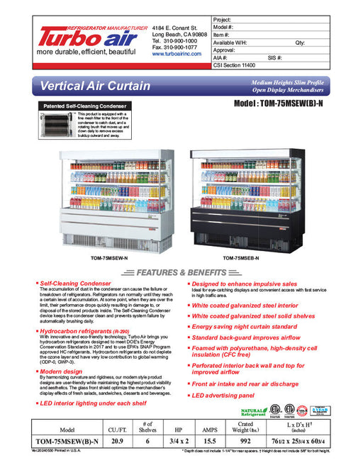 Turbo Air TOM-75MSEB-N 75 1/2" Black Narrow Depth Vertical Open Air Cooler / Air Curtain Display Case with (4) Levels, 220v - Donut-Supplies.Com