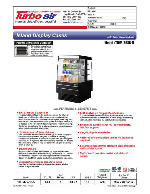 Turbo Air TIOM-36SB-N 39 3/8" Black Vertical Island Open Air Cooler with (4) Levels, 220v/1ph - Donut-Supplies.Com