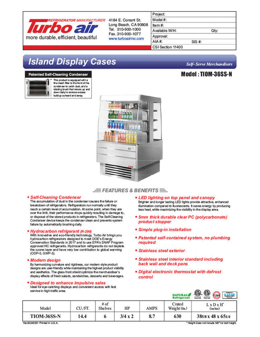 Turbo Air TIOM-36SS-N 39 3/8" Stainless Steel Vertical Island Open Air Cooler with (4) Levels, 220v/1ph - Donut-Supplies.Com