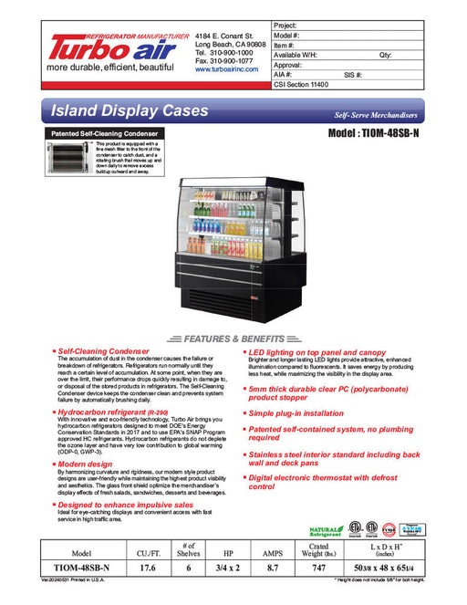 Turbo Air TIOM-48SB-N 50 3/8" Black Vertical Island Open Air Cooler with (4) Levels, 220v/1ph - Donut-Supplies.Com