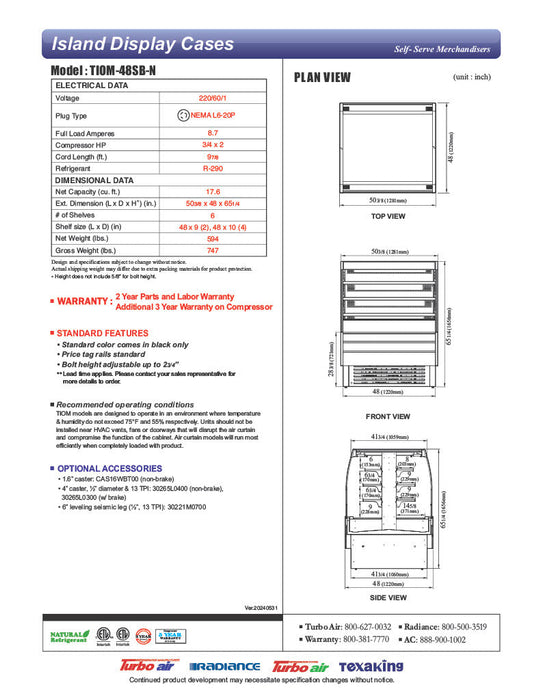 Turbo Air TIOM-48SB-N 50 3/8" Black Vertical Island Open Air Cooler with (4) Levels, 220v/1ph - Donut-Supplies.Com