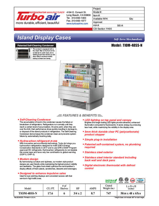 Turbo Air TIOM-48SS-N 51 1/8" Stainless Steel Square Island Self-Serve Display Case with (4) Levels, 220v/1ph - Donut-Supplies.Com