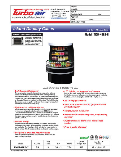 Turbo Air TIOM-48RB-N 48" Black Half-Round Island Open Air Cooler Display Case with (4) Levels, 220v/1ph - Donut-Supplies.Com